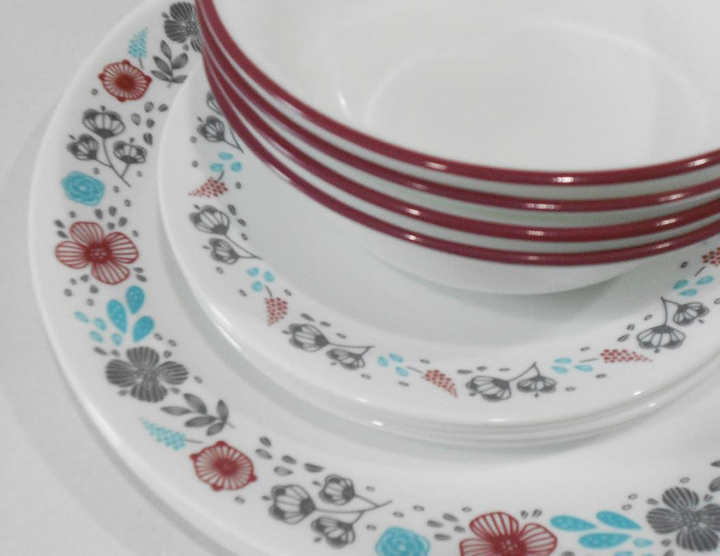 Happiness Nordic Bloom 12-Piece Dinnerware Set – Wildflowers Raspberry Teal Gray
