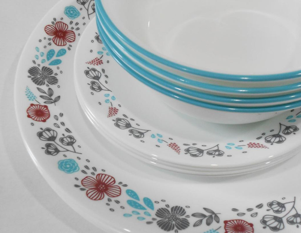 Happiness Nordic Bloom 12-Piece Dinnerware Set – Wildflowers Raspberry Teal Gray