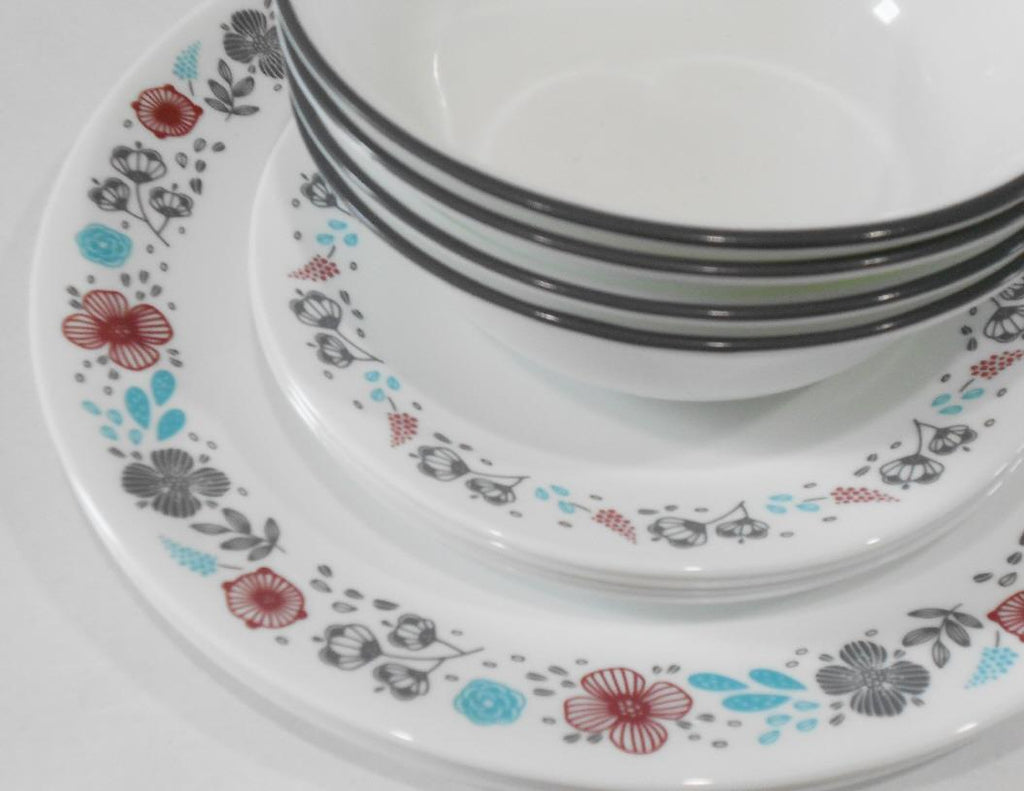 Happiness Nordic Bloom 12-Piece Dinnerware Set – Wildflowers Raspberry Teal Gray