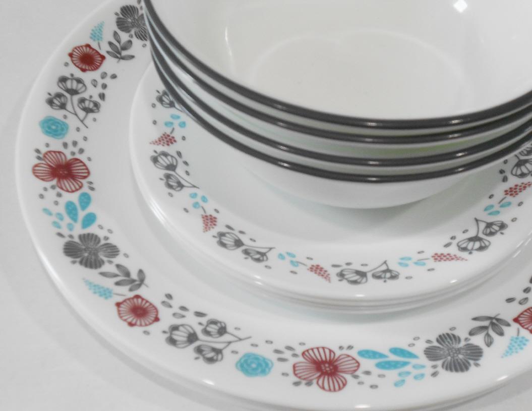 Happiness Nordic Bloom 12-Piece Dinnerware Set – Wildflowers Raspberry Teal Gray