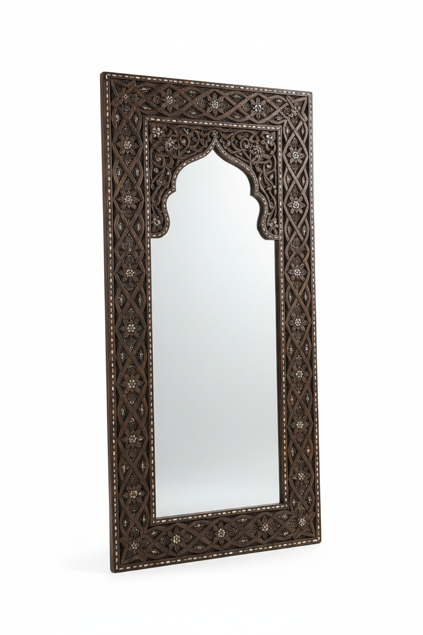 Moroccan Arabesque Carved Wood Full Length Floor Mirror - white background product shot