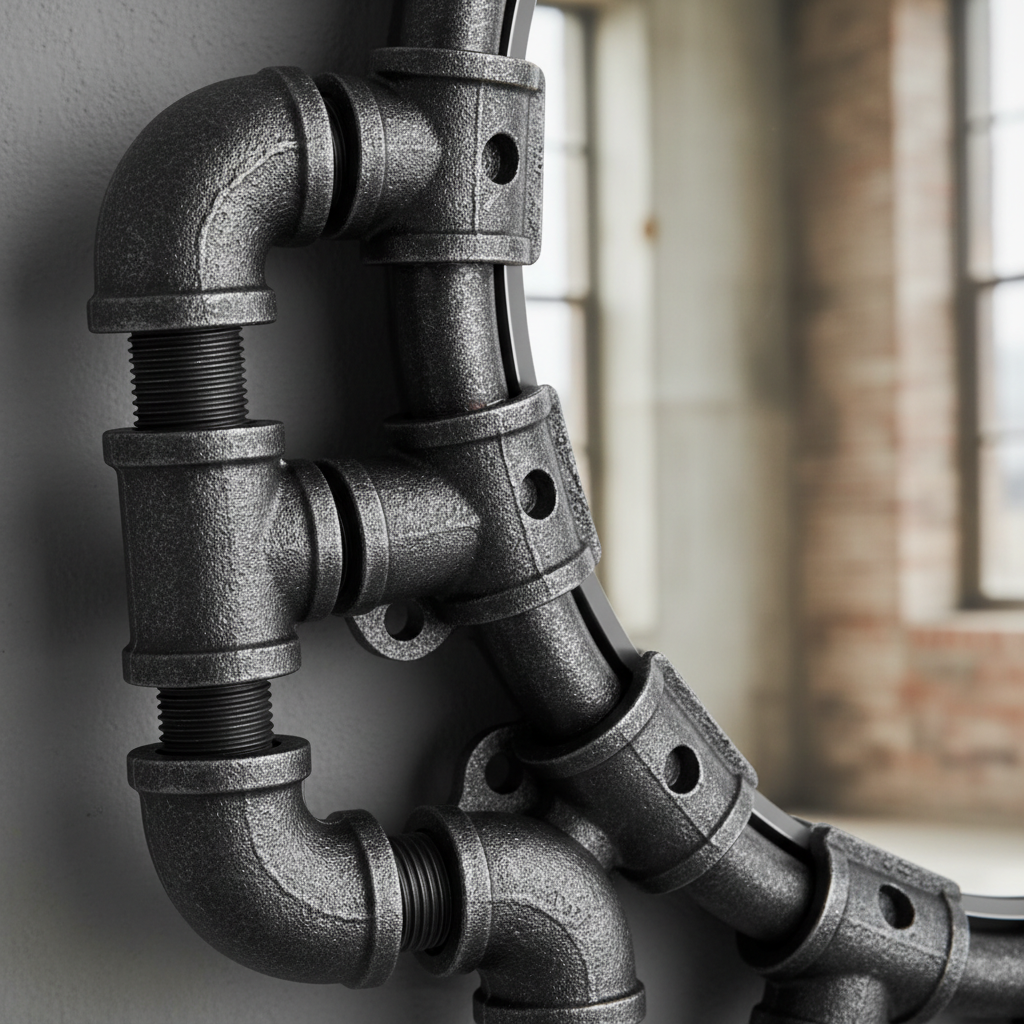 Industrial Iron Pipe Frame Full Length Floor Mirror - pipe fitting detail