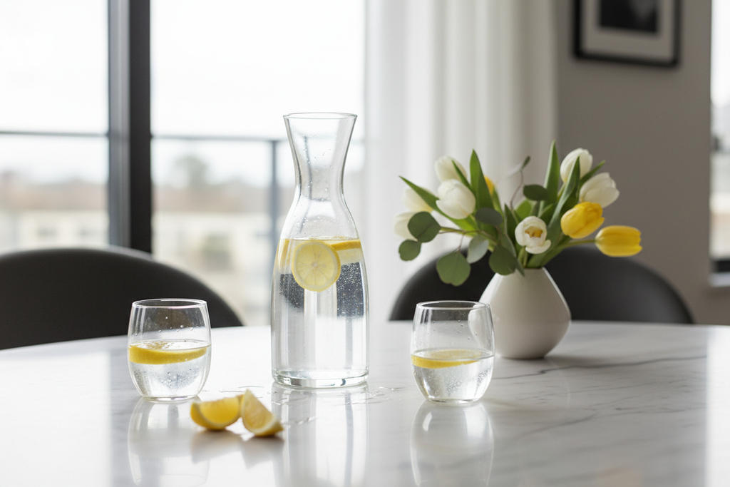 Borosilicate Glass Water Carafe Set on marble dining table