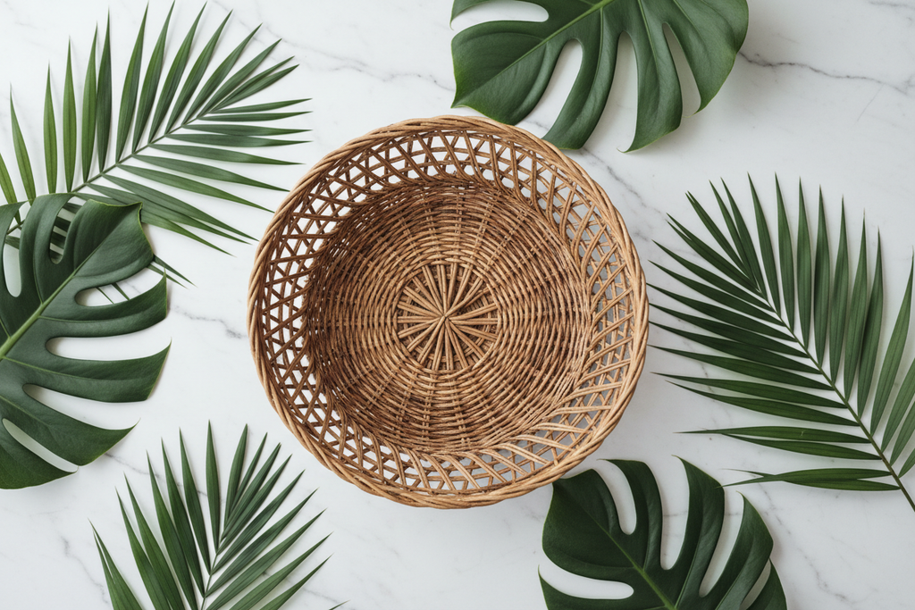 Handwoven Rattan Fruit Bowl close up texture