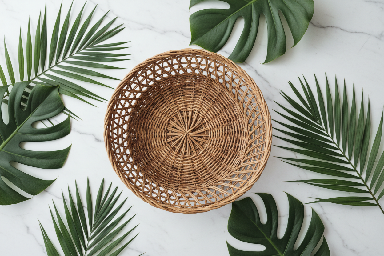 Handwoven Rattan Fruit Bowl close up texture