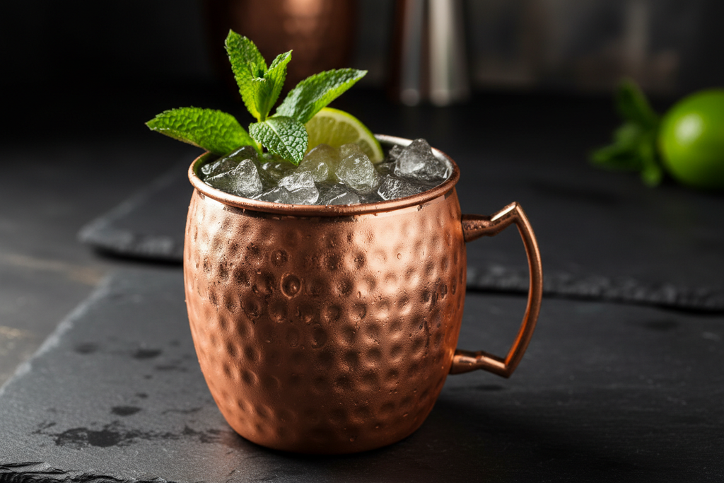 Copper Moscow Mule Mug with cocktail