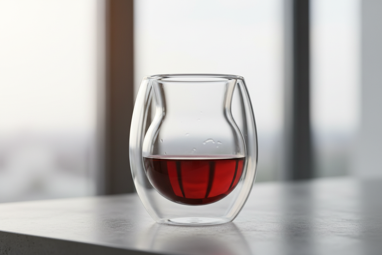 Double Wall Insulated Wine Glass floating effect close up