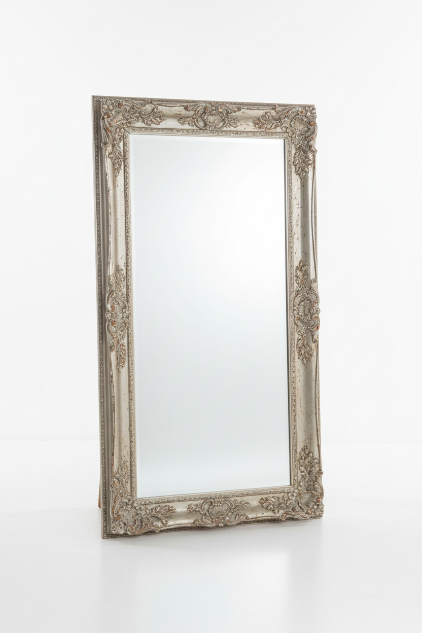 Vintage Distressed Antique Silver Full Length Floor Mirror - white background product shot