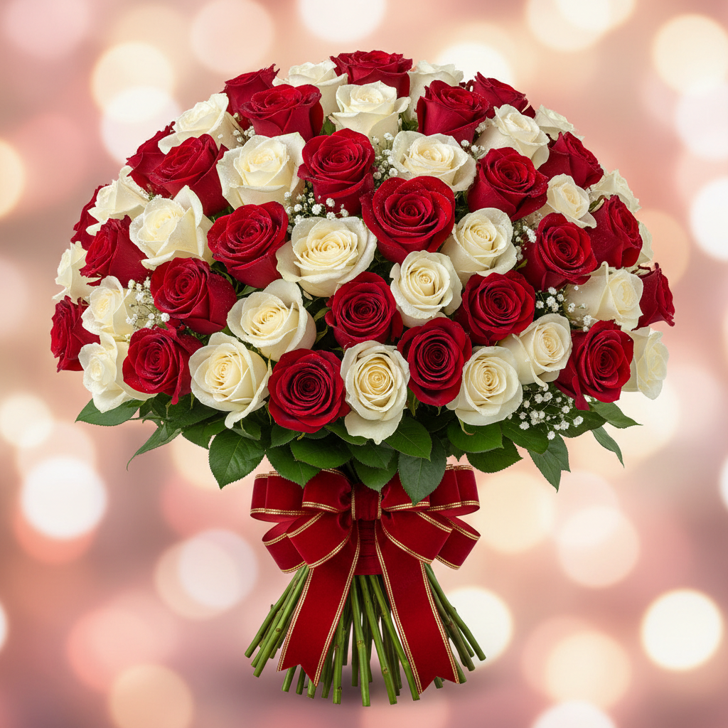 Eternal Love Red White Rose Bouquet close up detail