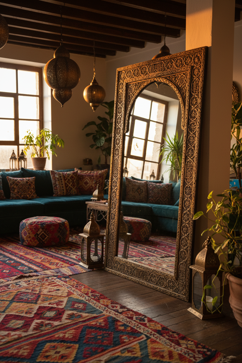 Moroccan Arabesque Carved Wood Full Length Floor Mirror - boho living room