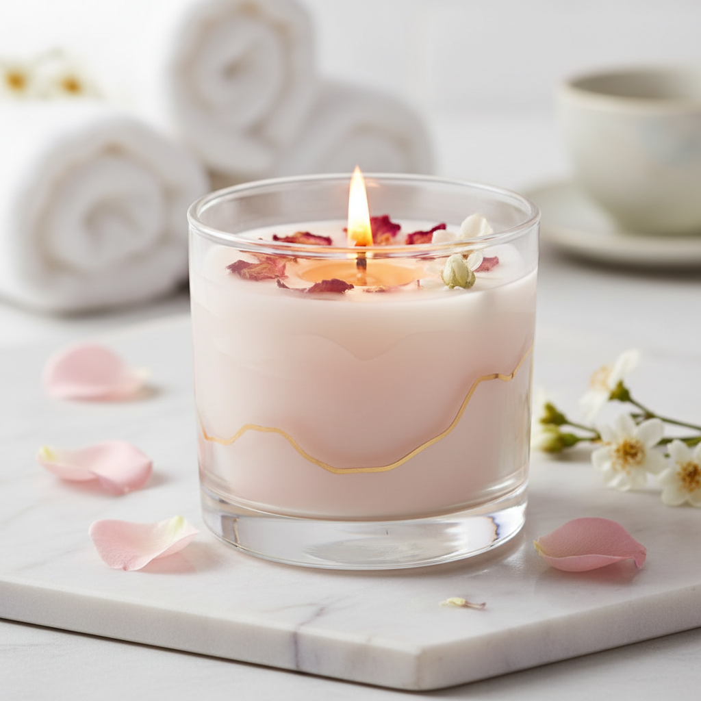 Rose Petal & White Tea Luxury Scented Candle - lit side view