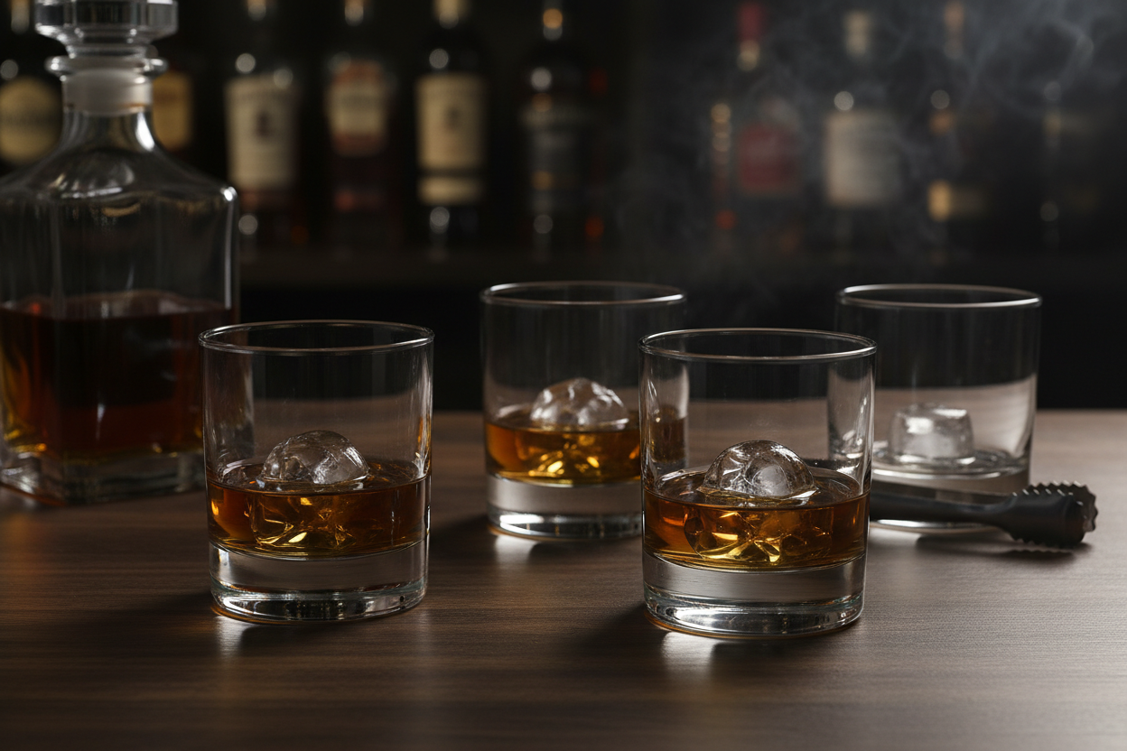 Smoked Glass Whiskey Tumbler Set on walnut bar