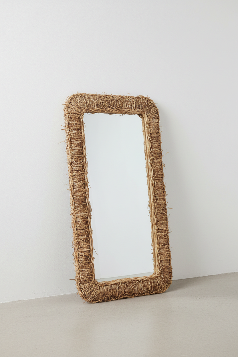 Boho Rattan Woven Full Length Floor Mirror - white background product shot