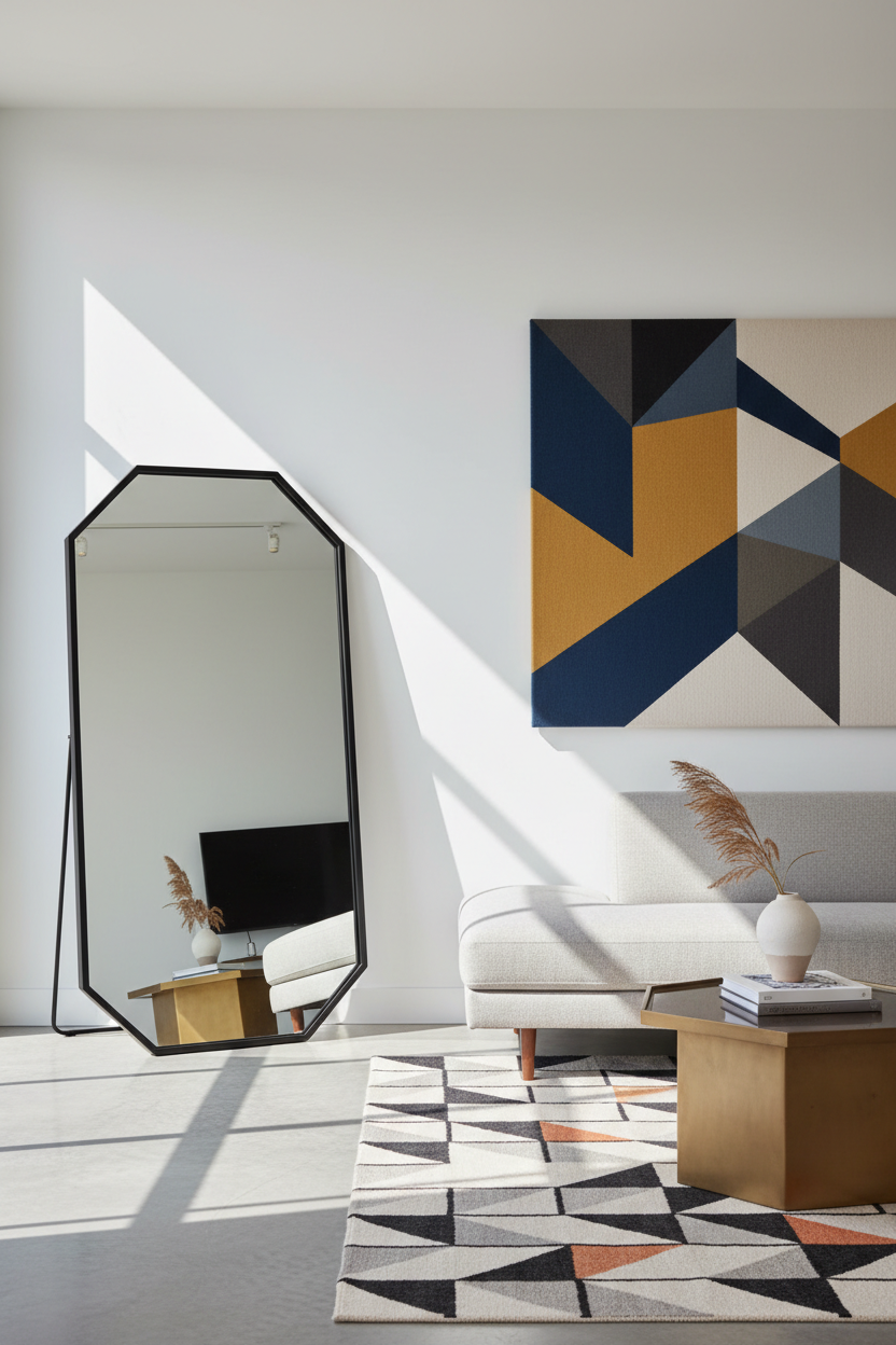 Geometric Hexagon Full Length Floor Mirror - modern living room lifestyle