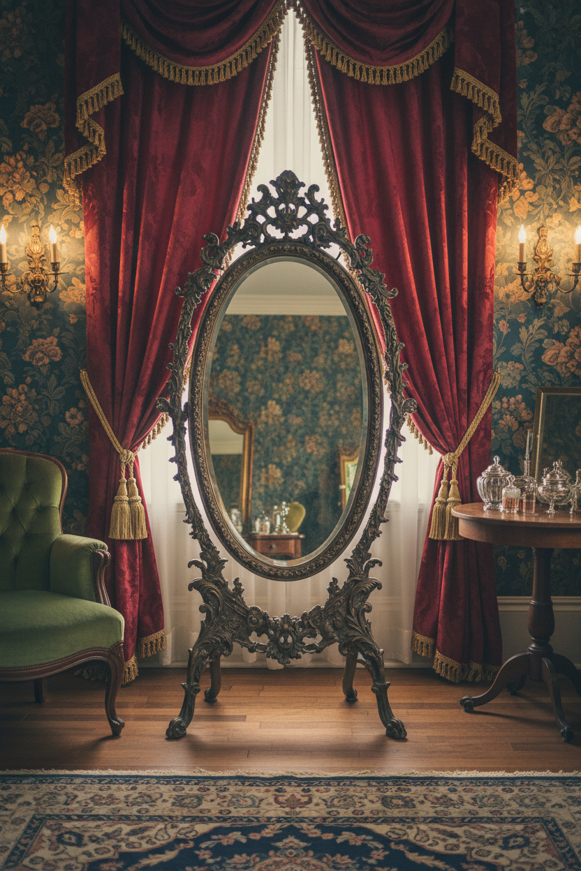 Antique Bronze Oval Full Length Floor Mirror in Victorian dressing room