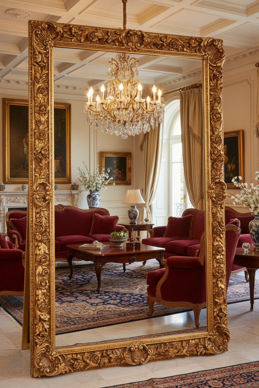 Ornate Gold Leaf Carved Full Length Floor Mirror in living room