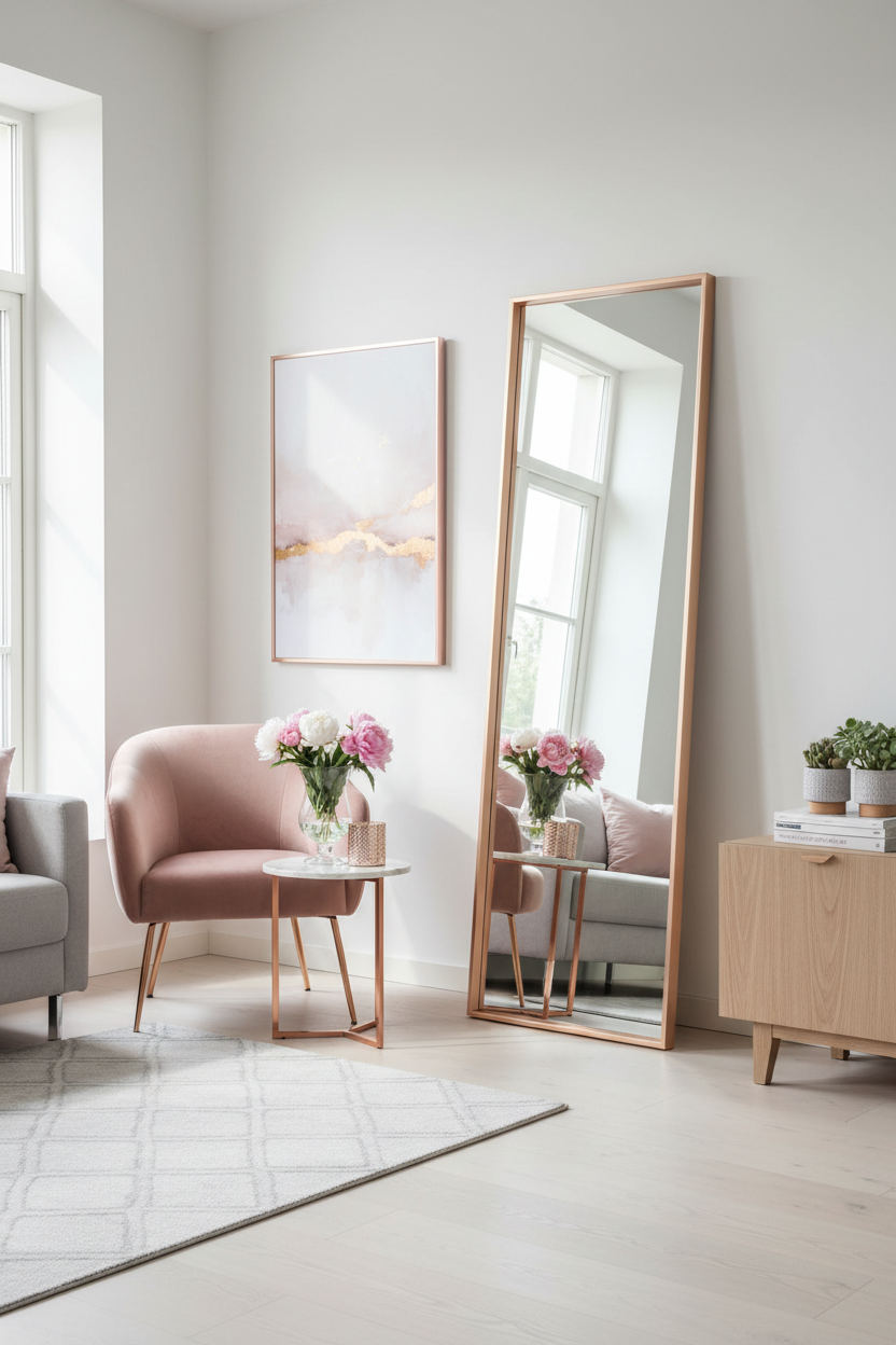 Champagne Rose Gold Slim Frame Full Length Floor Mirror - Scandinavian living room