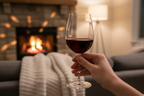 Stemless Red Wine Glass held by hand in living room