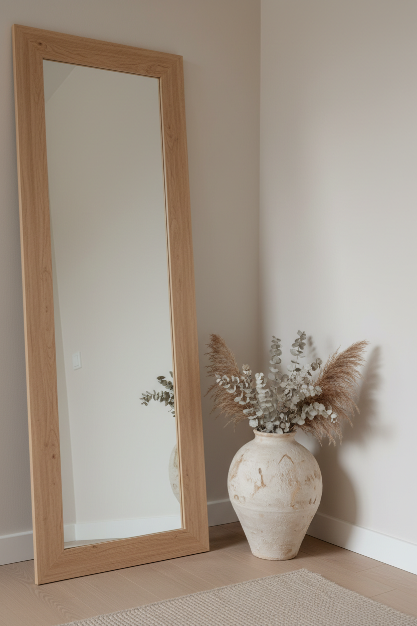 Japandi Zen Walnut Wood Full Length Floor Mirror - wabi-sabi hallway styling