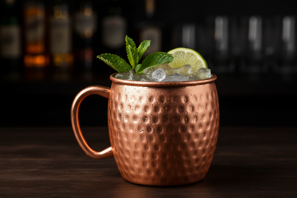 Copper Moscow Mule Mug close up with cocktail