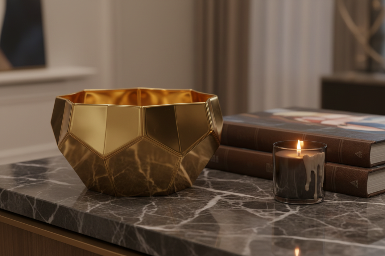 Geometric Brass Metal Decorative Bowl on dark marble