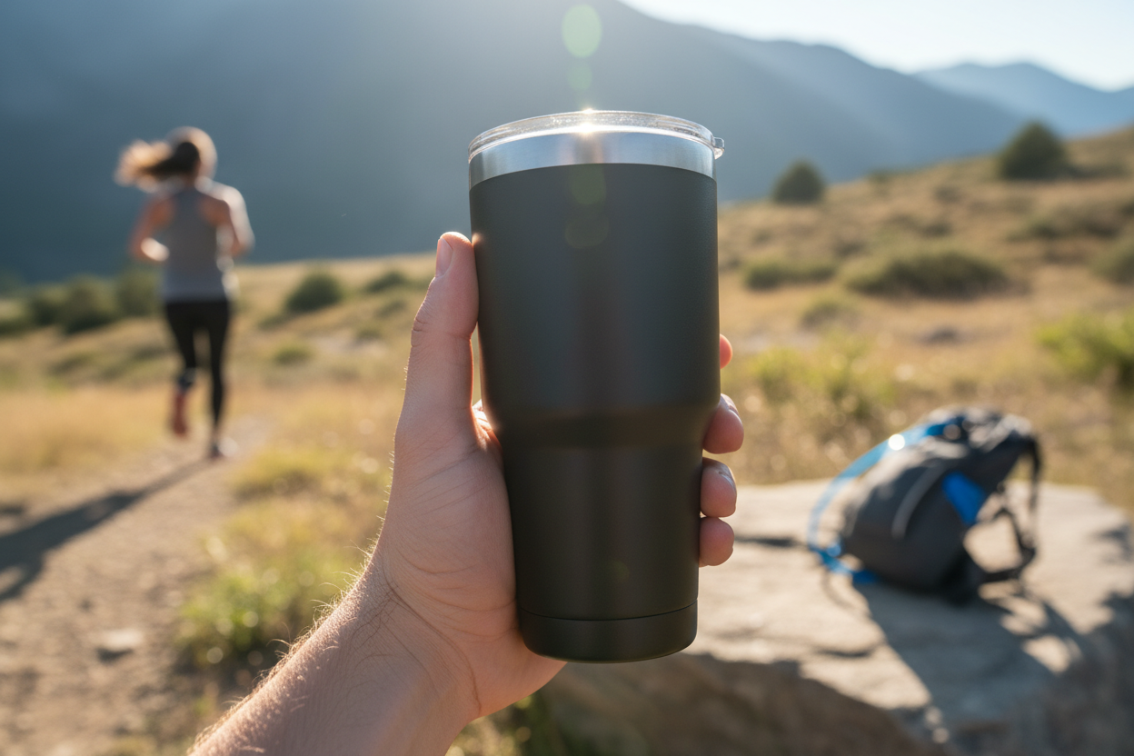 Stainless Steel Insulated Tumbler held outdoors