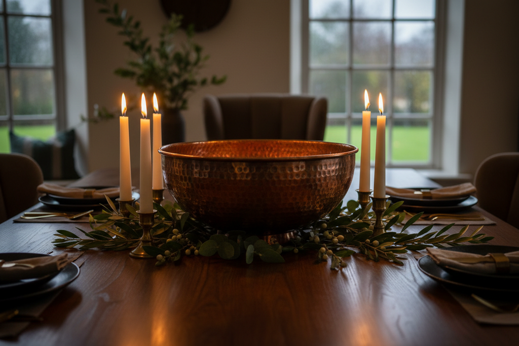 Hammered Copper Centerpiece Bowl on dining table