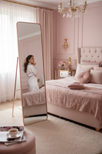 Champagne Rose Gold Slim Frame Full Length Floor Mirror - blush pink bedroom