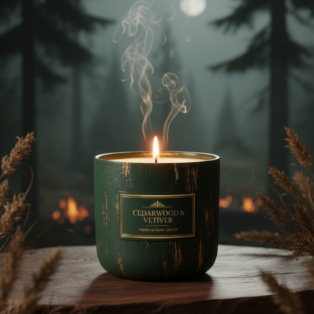 Cedarwood & Vetiver Deep Forest Scented Candle - lit side view