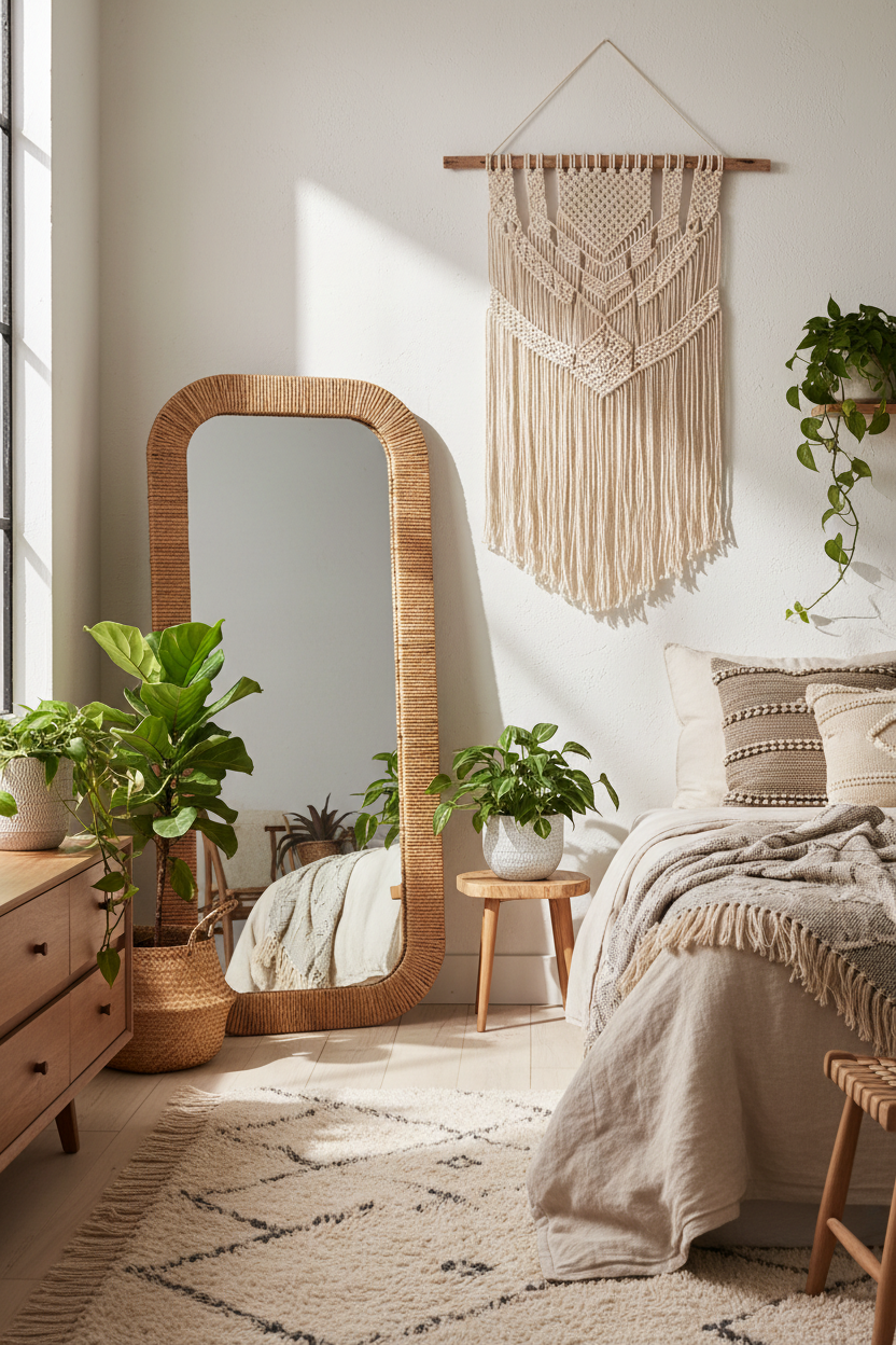 Boho Rattan Woven Full Length Floor Mirror - boho bedroom lifestyle