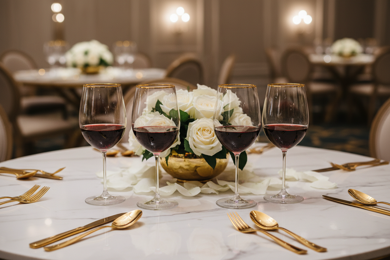 Gold Rim Crystal Wine Glass Set on marble table