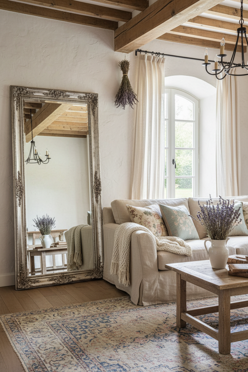Vintage Distressed Antique Silver Full Length Floor Mirror - French country living room