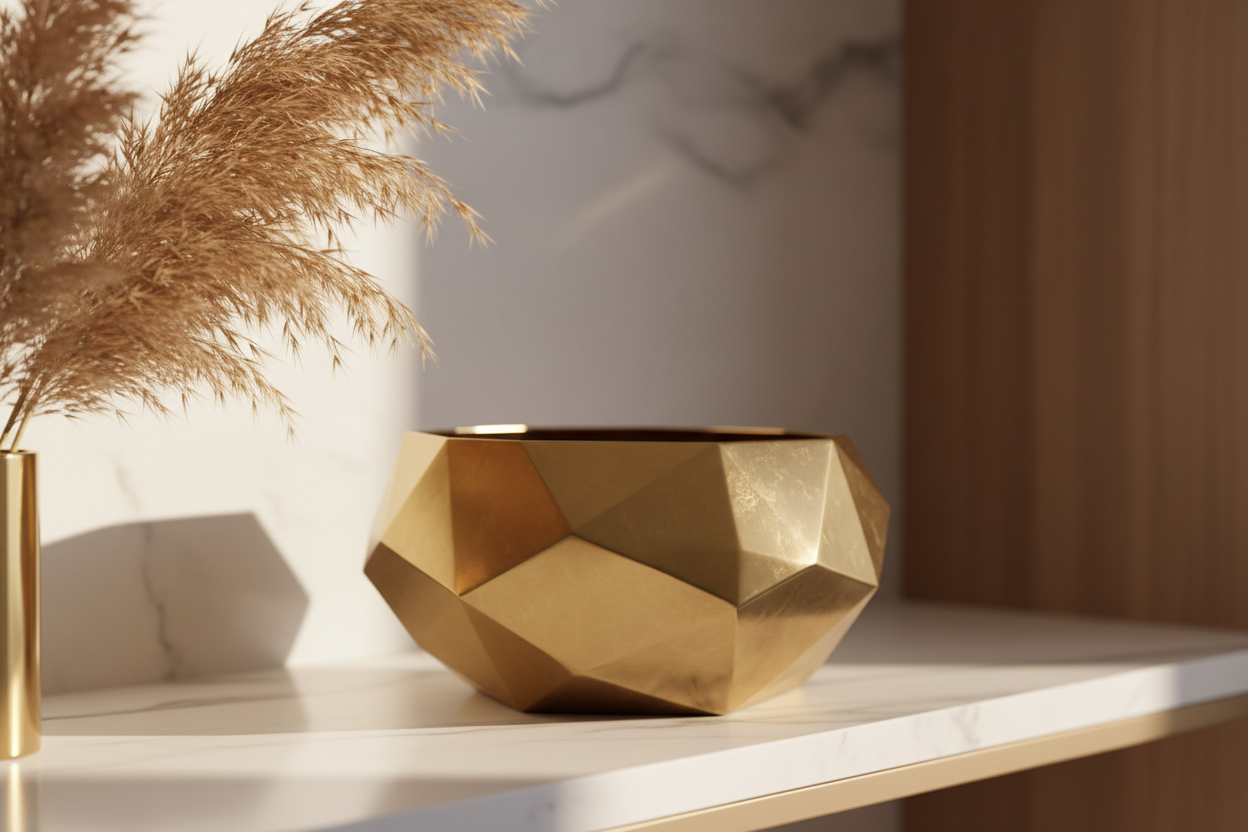 Geometric Brass Metal Decorative Bowl facet detail