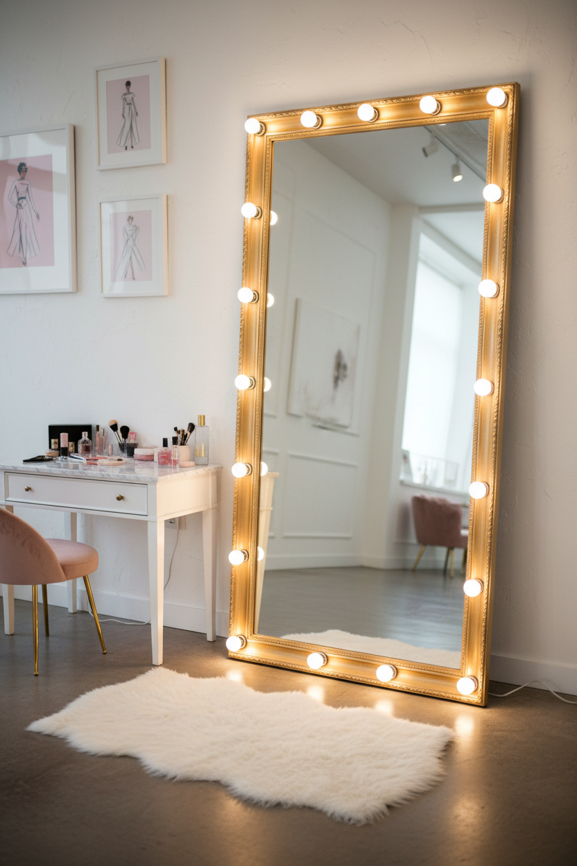 Glam Hollywood Vanity Full Length Floor Mirror in makeup studio