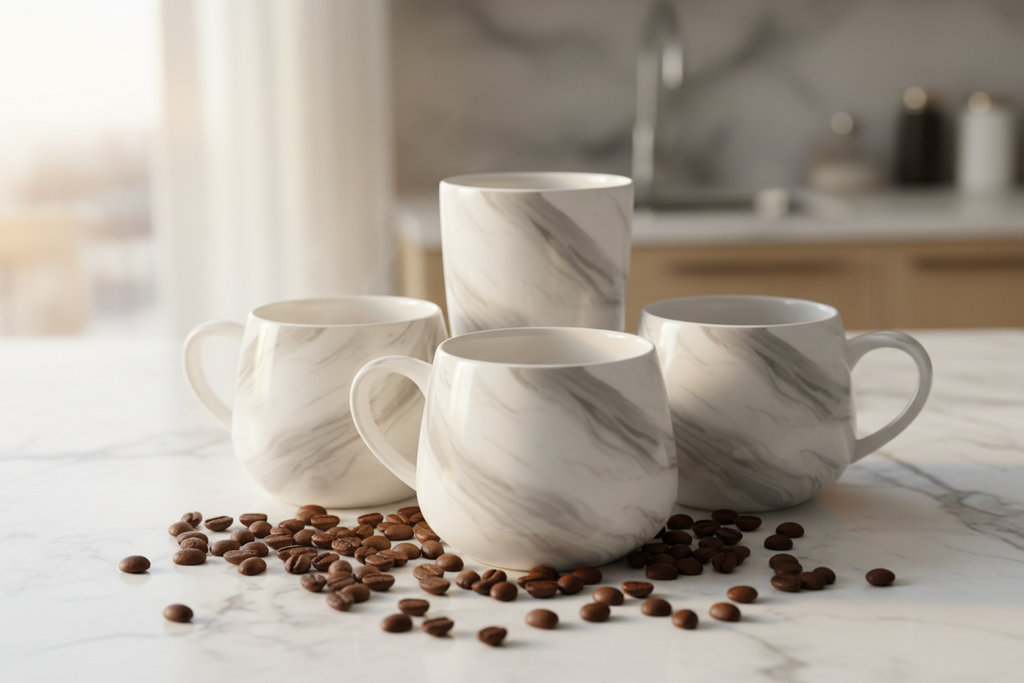 Marble Pattern Ceramic Mug Set on marble countertop