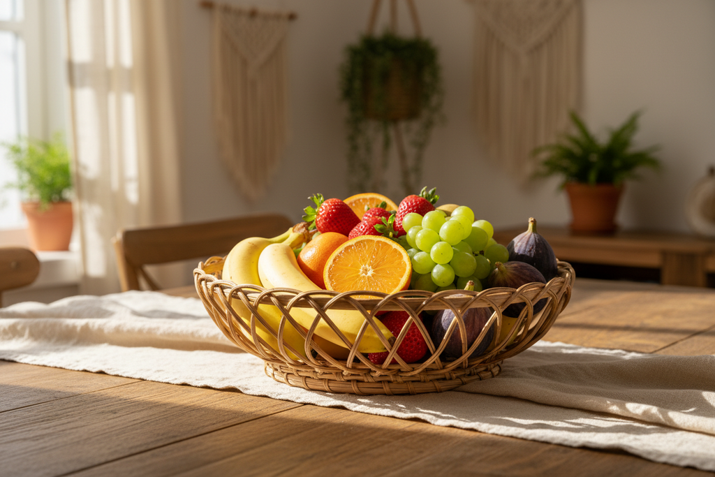 Handwoven Rattan Fruit Bowl with fruits on dining table