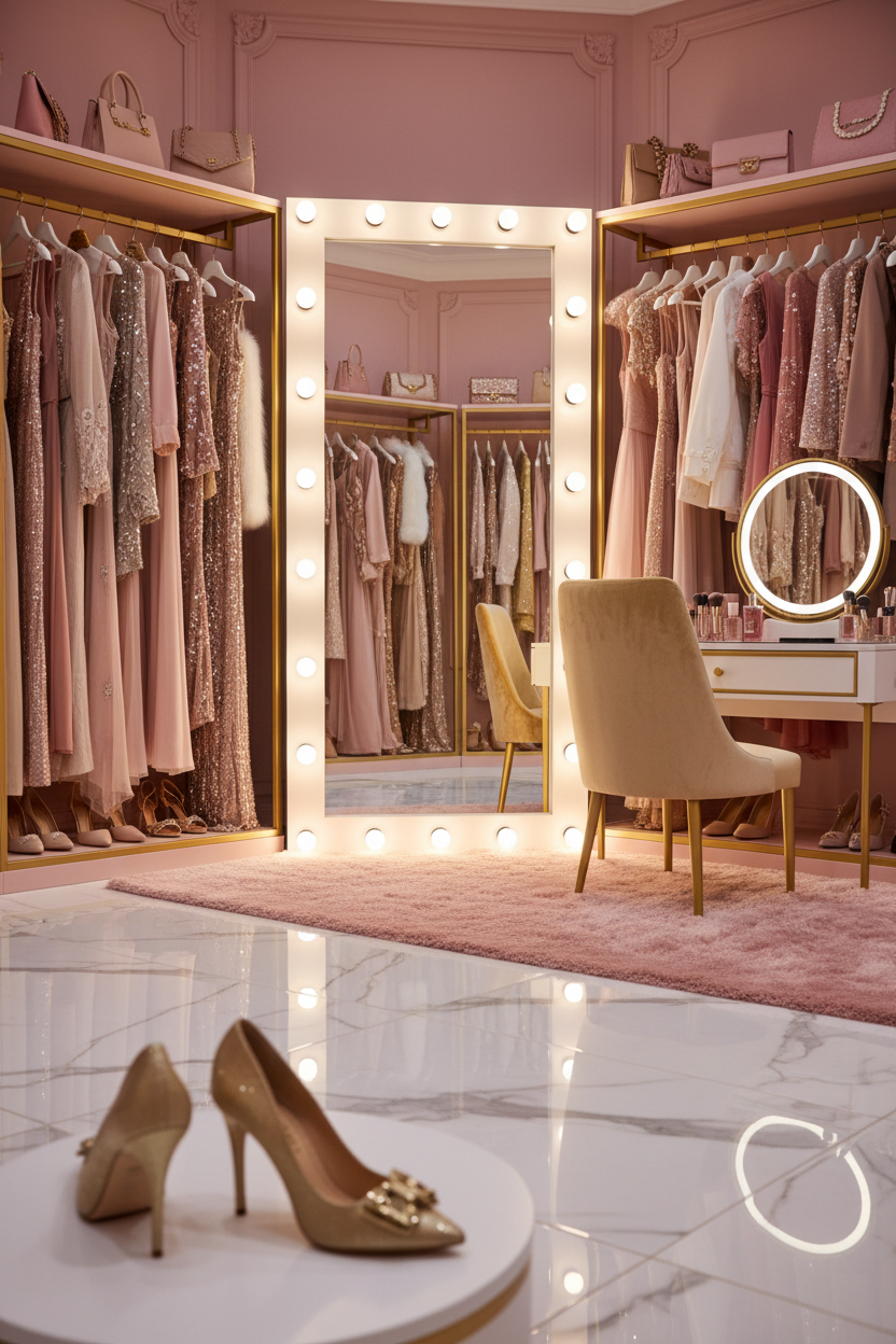 Hollywood LED Bulb Full Length Vanity Floor Mirror - celebrity walk-in closet