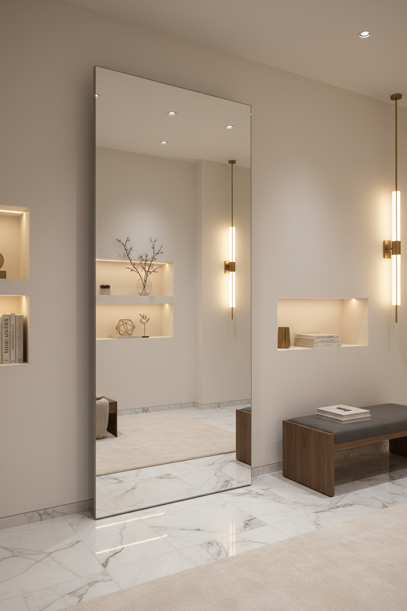 Crystal Clear Frameless Full Length Floor Mirror in dressing room