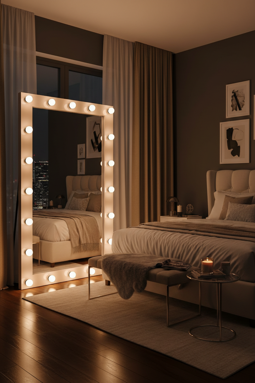 Hollywood LED Bulb Full Length Vanity Floor Mirror - bedroom night ambiance