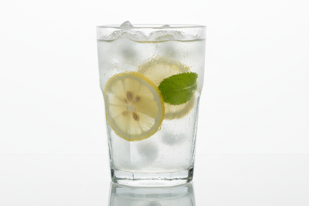 Classic Glass Tumbler with iced water and lemon
