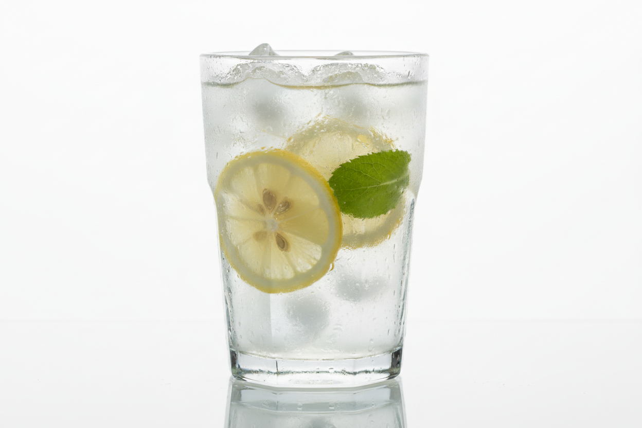 Classic Glass Tumbler with iced water and lemon