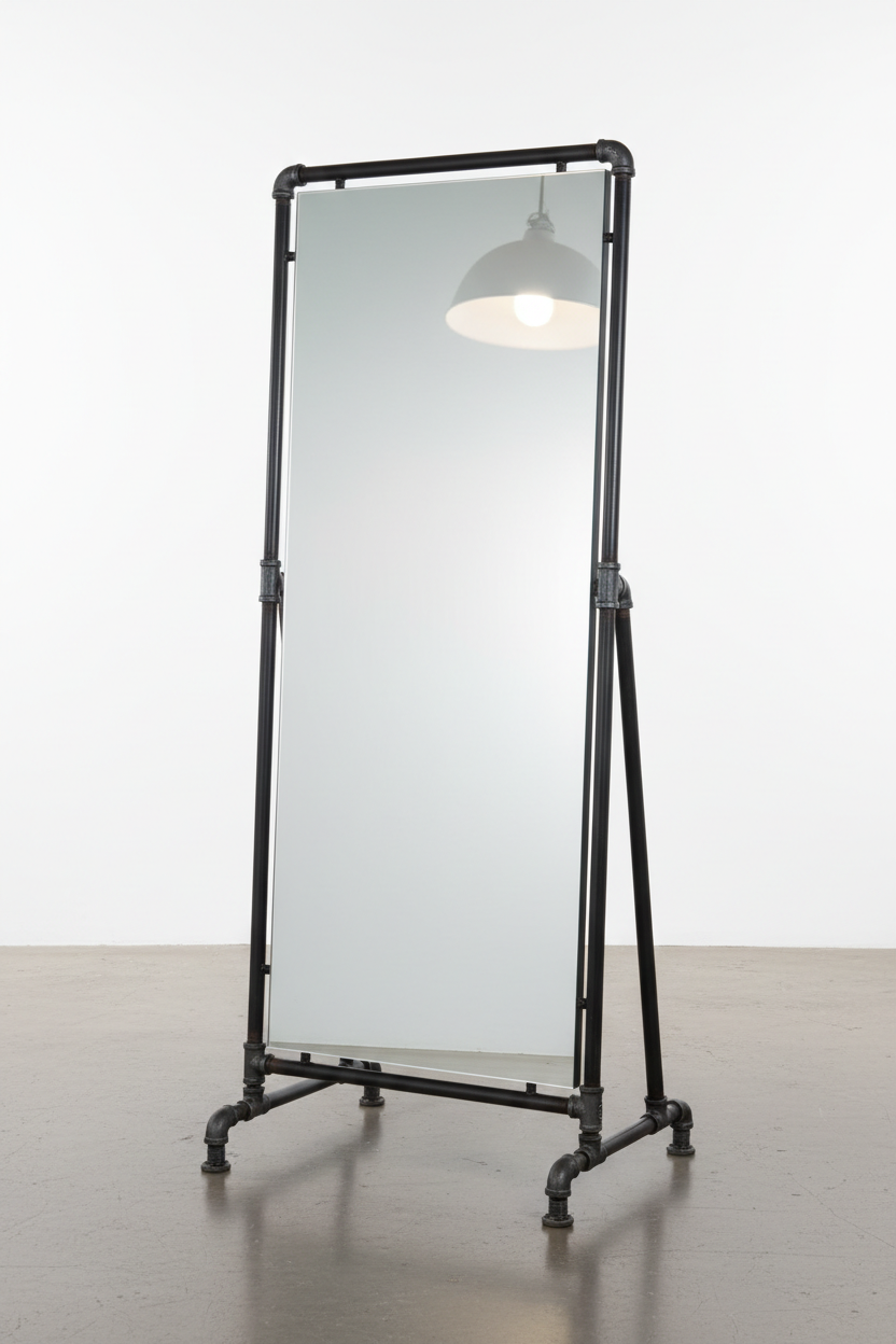 Industrial Iron Pipe Frame Full Length Floor Mirror - white background product shot