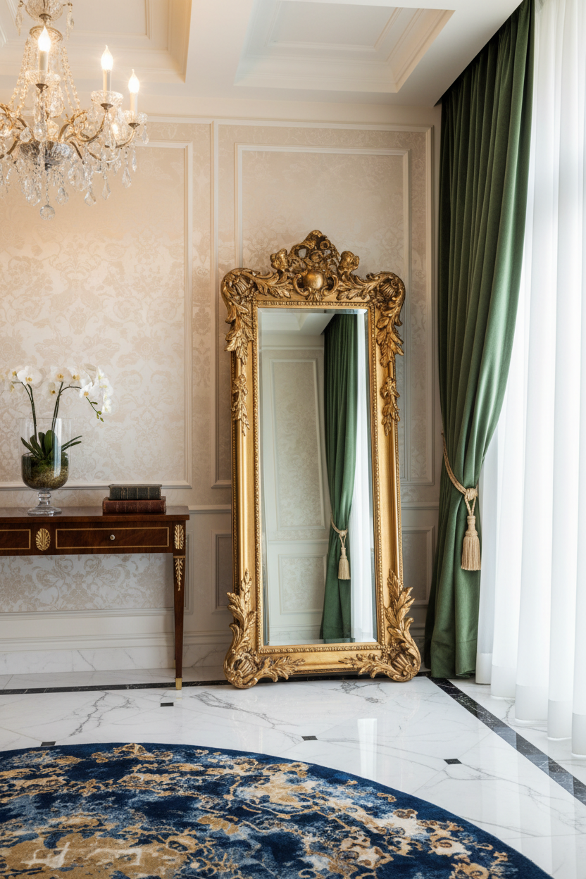Glamour Gold Ornate Full Length Floor Mirror - hotel suite entryway
