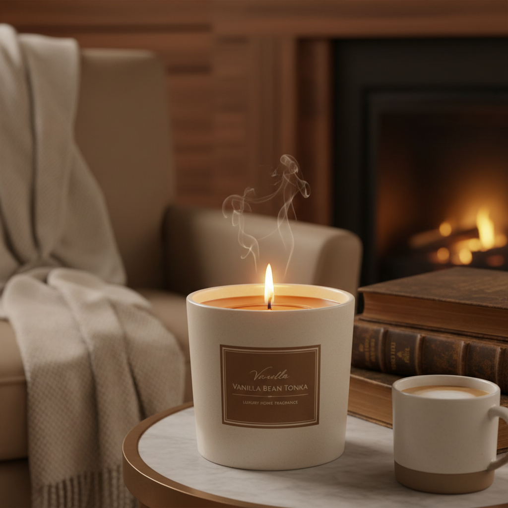 Vanilla Bean & Tonka Warm Embrace Scented Candle - lit side view