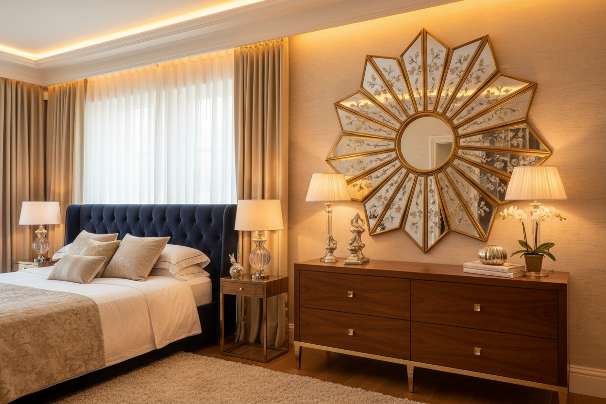 Venetian Sunburst Wall Mirror styled in bedroom