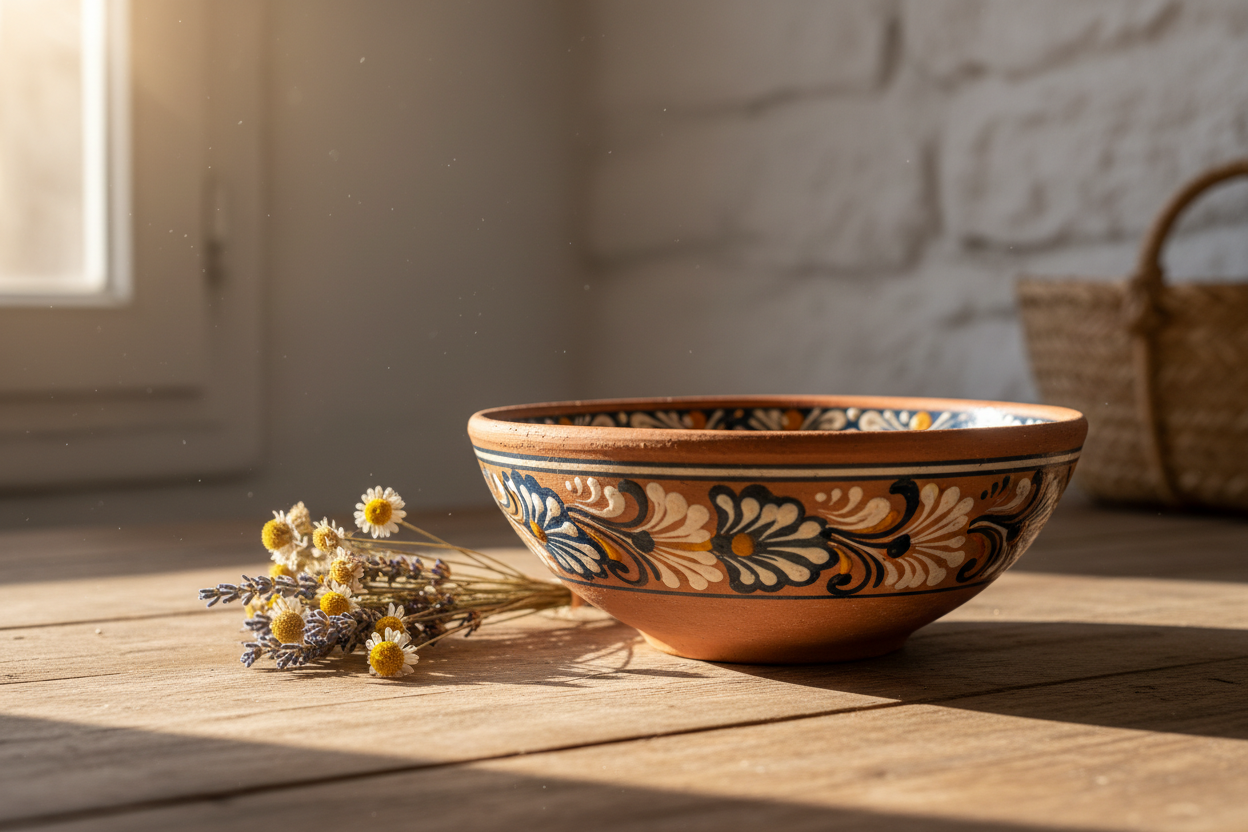 Artisan Hand-Painted Terracotta Bowl on wooden table
