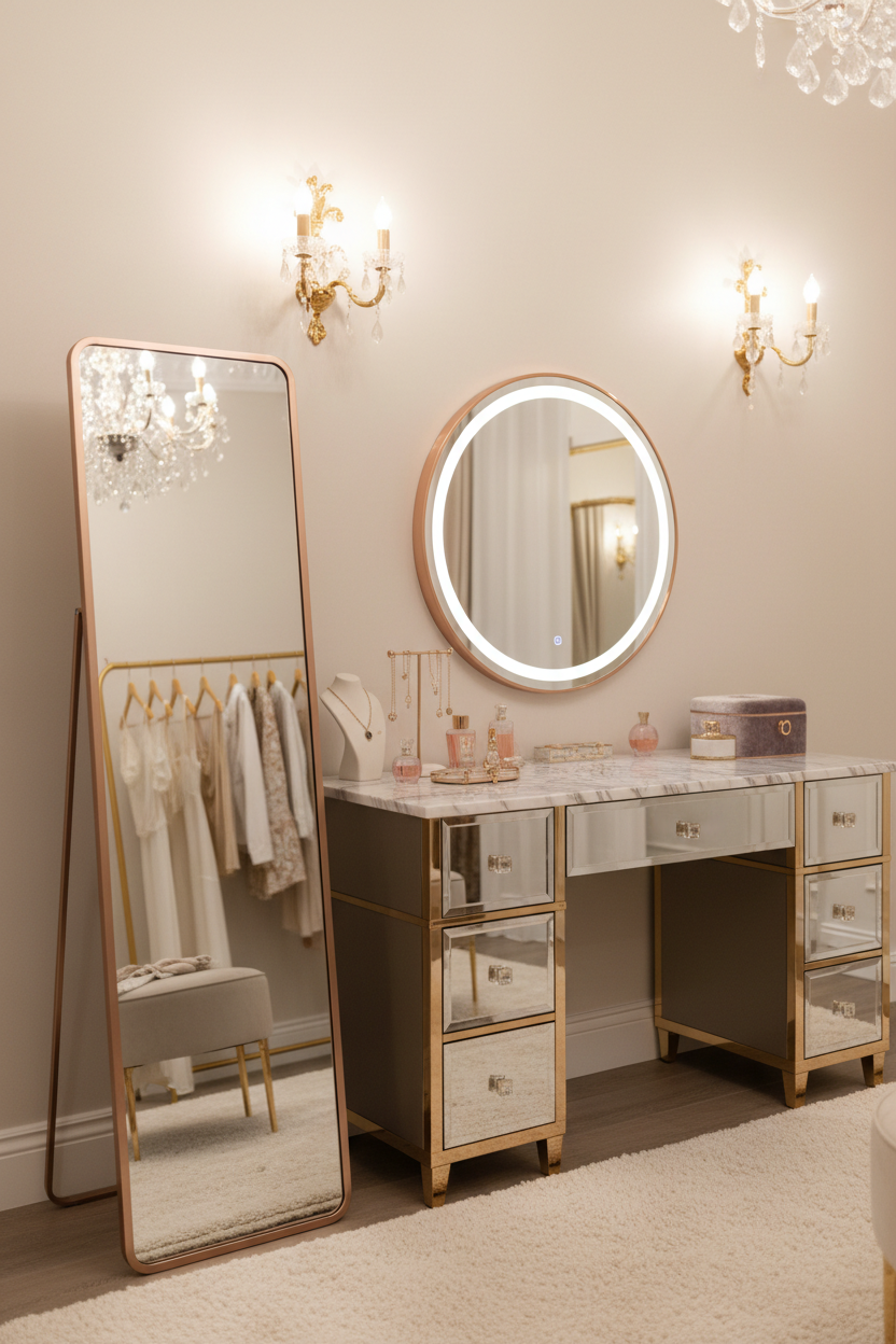 Rose Gold Metal Slim Full Length Floor Mirror in dressing room