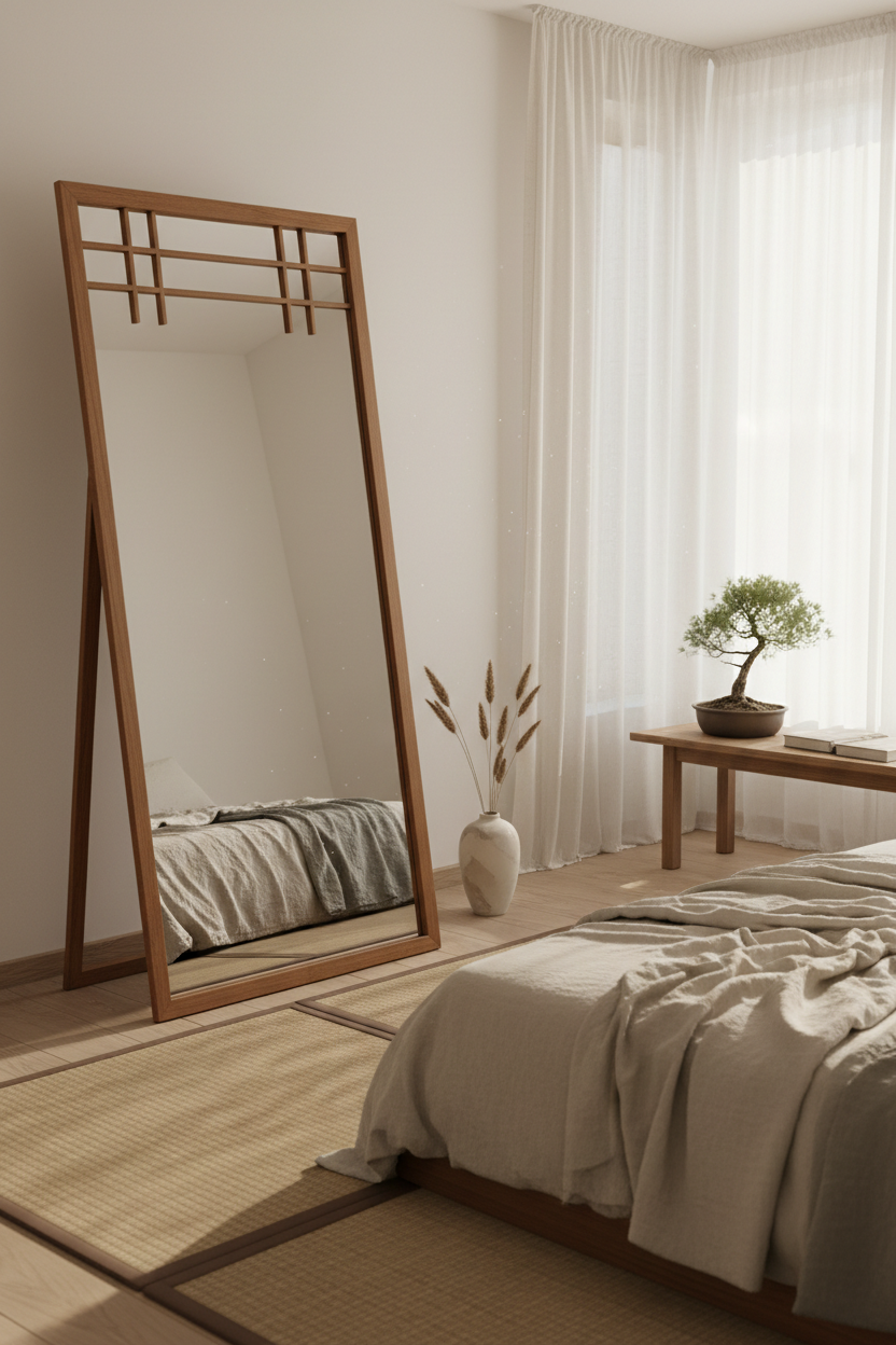 Japandi Zen Walnut Wood Full Length Floor Mirror - Japanese Scandinavian bedroom