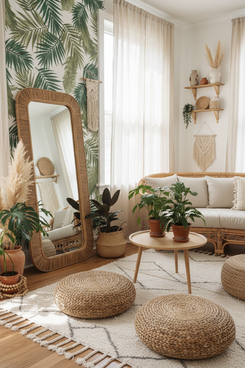 Boho Rattan Woven Full Length Floor Mirror - tropical living room