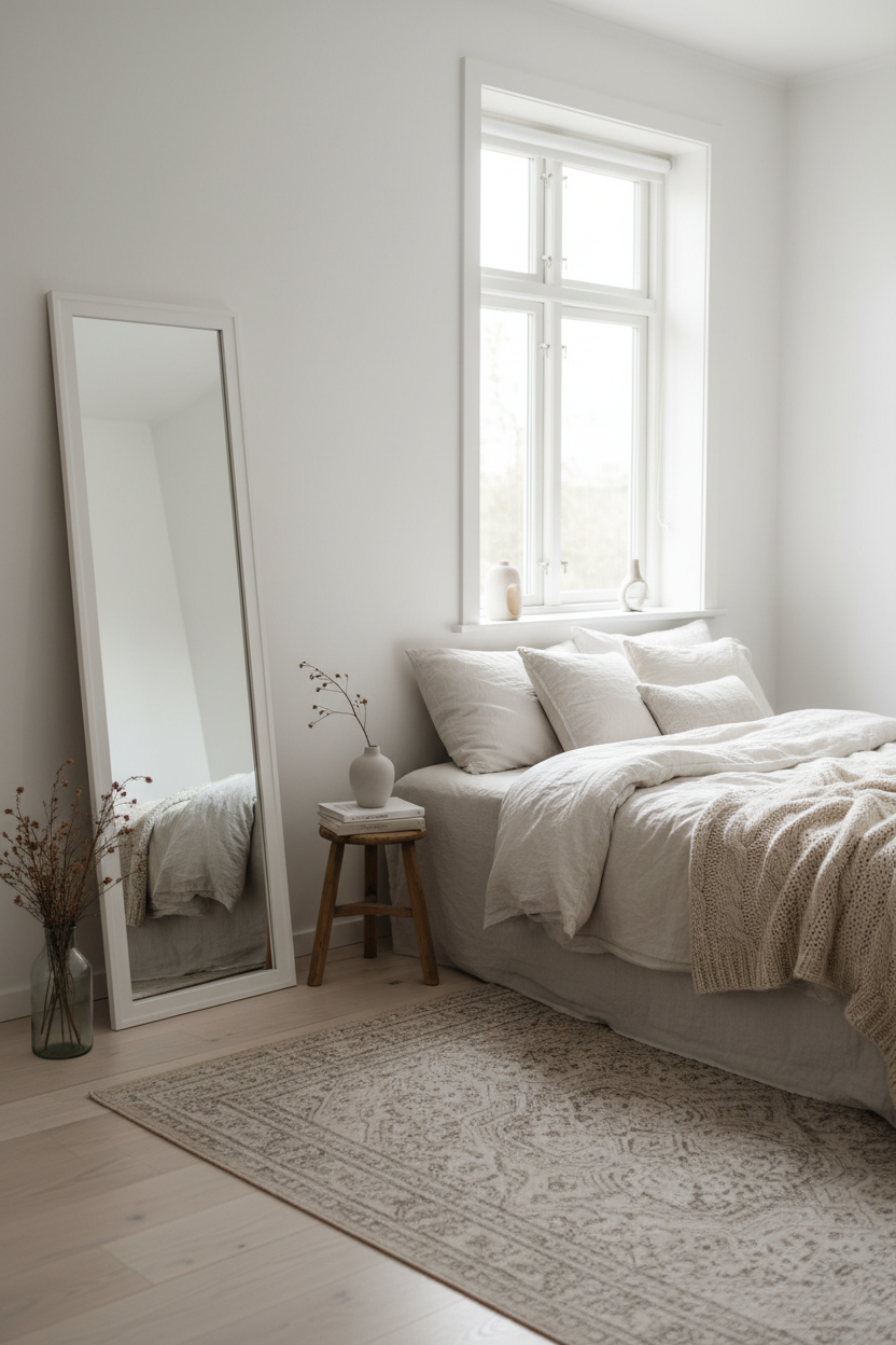 Scandi White Wood Frame Full Length Floor Mirror - Nordic bedroom lifestyle